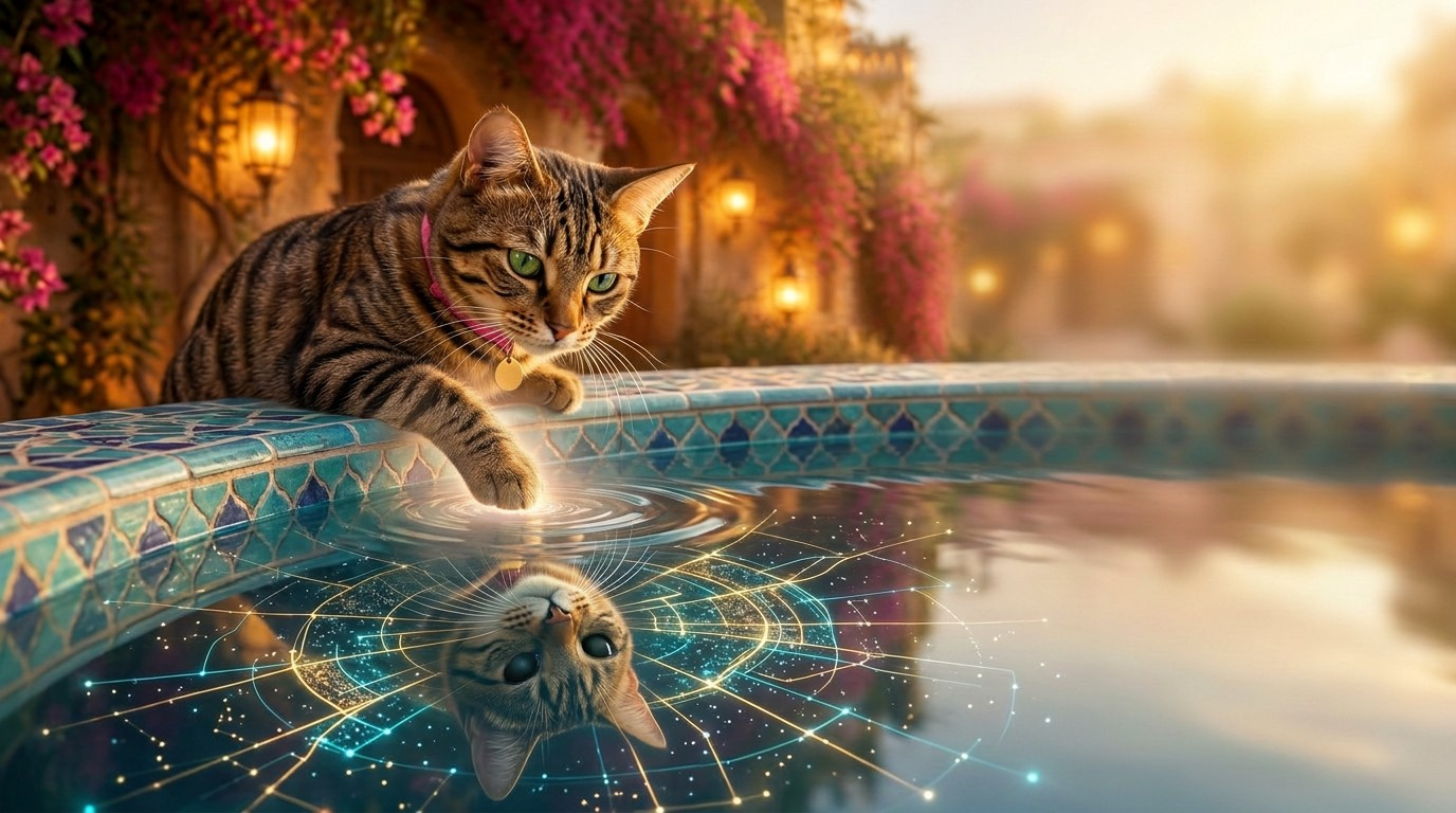 Curious Lola touches the fountain, where a magical network glows in her reflection